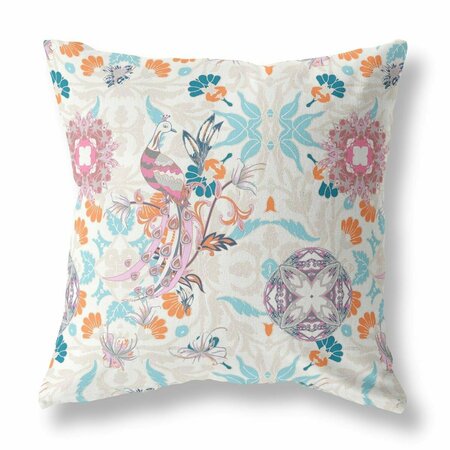 PALACEDESIGNS 26 in. Off-White & Sky Blue Peacock Indoor & Outdoor Zip Throw Pillow PA3098545